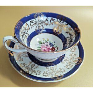 Royal Grafton Wide Mouth Teacup and Saucer Set Hand Painted Floral /gold gilt